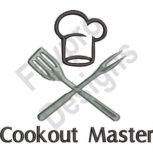 May include: Black and white illustration of a chef's hat, crossed spatula and fork, and the text "Cookout Master".