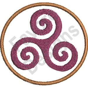 Peut inclure: Un motif de nœud celtique rose avec trois spirales, entouré d'un cercle brun.