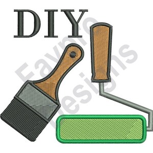 Puede incluir: Diseño de bordado de bricolaje con un pincel y un rodillo de pintura. El pincel tiene un mango de madera marrón y cerdas negras. El rodillo de pintura tiene un rodillo verde y un mango gris.