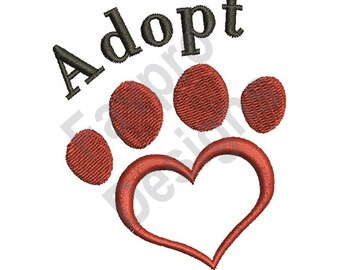 May include: Red paw print with a heart inside, and the word "Adopt" above it in black.