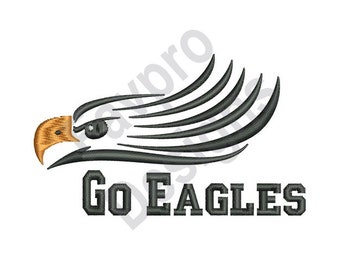 May include: Black and white stylized illustration of an eagle with a yellow beak and eye. The eagle's wings are spread out behind it. The text "Go Eagles" is written below the eagle.