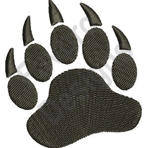 May include: A black bear paw print with five toes and claws. The paw print is a simple silhouette with a textured pattern.