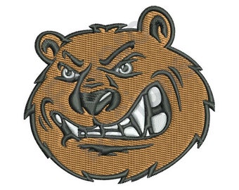 May include: A brown bear face with a menacing expression. The bear has sharp teeth and a furrowed brow. The bear's eyes are green and white.