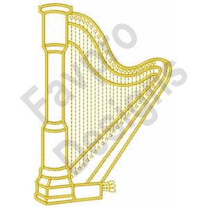 May include: A gold-colored harp with a curved neck and a long, straight base. The harp has many strings and a decorative design on the base.