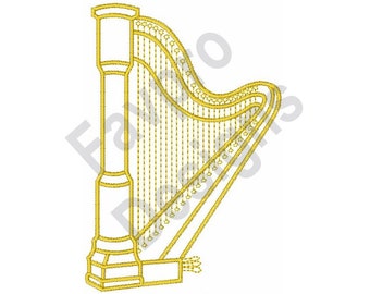 May include: A gold-colored harp with a curved neck and a long, straight base. The harp has many strings and a decorative design on the base.