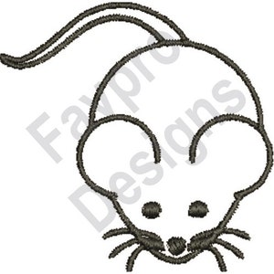 May include: A black and white line drawing of a mouse with large ears and a long tail.