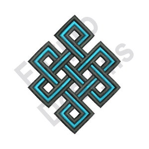Pode incluir: Um design de nó infinito azul e cinza. O nó é um símbolo de eternidade e boa sorte.