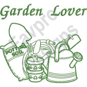 May include: A green line drawing of gardening tools, including a watering can, a shovel, a bag of potting soil, a hose, and a pair of gardening shears. The text "Garden Lover" is written above the tools.