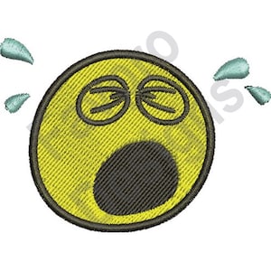 Puede incluir: Una cara de dibujos animados amarilla con los ojos cerrados y la boca abierta, llorando con lágrimas azules que salen de los ojos.