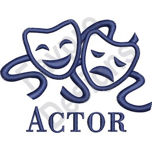 Puede incluir: Un diseño bordado azul de dos máscaras teatrales, una sonriente y otra frunciendo el ceño, con la palabra "ACTOR" debajo.