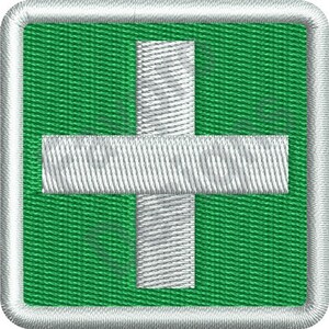 Puede incluir: Un signo más blanco sobre un fondo verde con un borde blanco. El signo más es un símbolo común para los primeros auxilios.