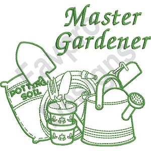 May include: A green embroidery design of gardening tools, including a watering can, a bag of potting soil, a trowel, a fork, and a hose. The text "Master Gardener" is above the tools.