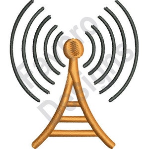 Peut inclure: Une tour d'antenne dorée avec cinq ondes radio noires émanant du sommet.