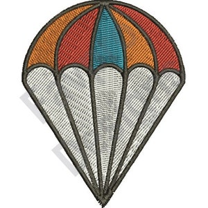 May include: A white and grey parachute with orange, red and blue stripes on the top.