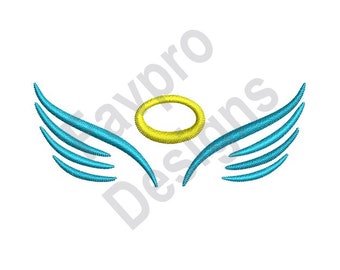 May include: A blue angel wing embroidery design with a yellow halo. This design is perfect for adding a touch of faith and hope to your projects.