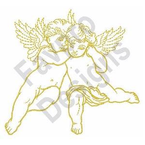 Puede incluir: Dos querubines dorados con alas, uno con el brazo alrededor del otro, se representan en un estilo de dibujo de línea.