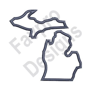 Może przedstawiać: Zarys stanu Michigan, rysunek liniowy w ciemnoniebieskim kolorze na białym tle.