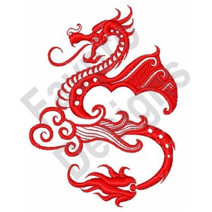 May include: Red stylized dragon with a curled tail and wings, set against a white background.
