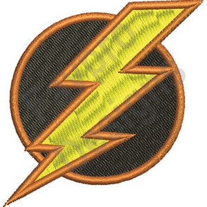 May include: A yellow lightning bolt in a black circle with an orange outline. The lightning bolt is stylized and has a jagged edge.