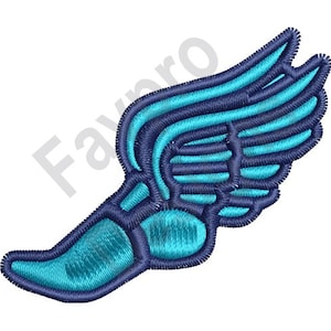 Puede incluir: Un parche bordado que representa una zapatilla de correr con alas. La zapatilla es azul con un ala turquesa. El ala tiene un contorno azul.