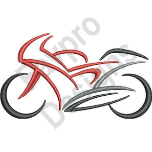 May include: A stylized black and red line drawing of a motorcycle.