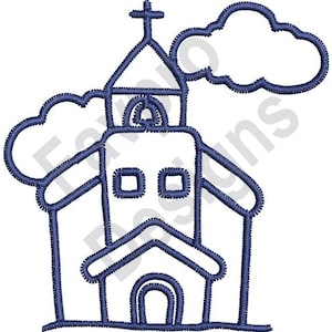 Puede incluir: Un dibujo simple de una iglesia con una cruz en la parte superior, dos ventanas y una puerta. Hay dos nubes sobre la iglesia.
