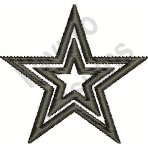 May include: A black and white star with three concentric rings. The star is a simple geometric shape with five points.