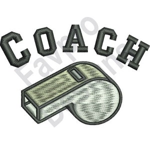May include: Embroidered design of the word "COACH" in black with a whistle underneath. The whistle is grey and white with black stitching.