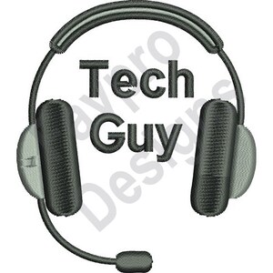 May include: Black and white embroidery design of a headset with the text "Tech Guy" on a white background.