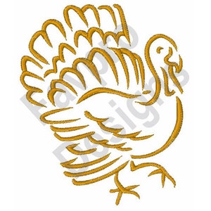 Puede incluir: Un dibujo de línea simple de un pavo dorado. El pavo está mirando hacia la izquierda y tiene las alas extendidas detrás de él.