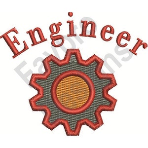 Op de afbeelding: Geborduurd ontwerp met het woord "Engineer" in rood boven een tandwiel. Het tandwiel heeft een grijs midden, een rode omtrek en een gele cirkel in het midden. Het ontwerp staat op een witte achtergrond.