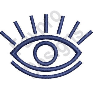 May include: A navy blue embroidered eye design with radiating lines. The eye has a circular pupil and a double outline, with the radiating lines extending outwards. The design is on a white background.