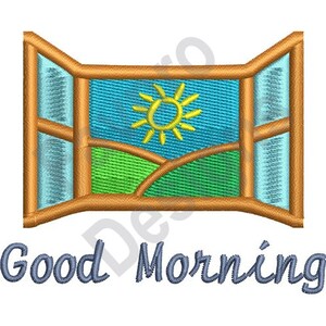 Puede incluir: Un diseño bordado de una ventana con vista a un sol, colinas verdes y un cielo azul. El texto "Good Morning" está debajo de la ventana.