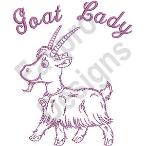Puede incluir: Un dibujo de línea de una cabra con las palabras "Goat Lady" encima. La cabra es rosa y tiene una campana alrededor del cuello.