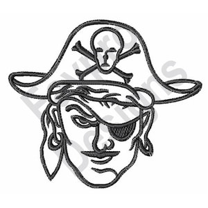 May include: Black and white line drawing of a pirate with an eyepatch and a hat with a skull and crossbones.
