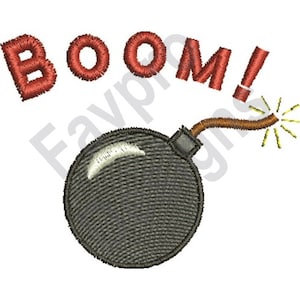 May include: An embroidered design featuring a black bomb with a lit fuse and the word "BOOM!" in red, stylized text. The design includes a white highlight on the bomb and yellow sparks emanating from the fuse.