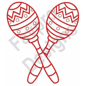 Puede incluir: Dos maracas rojas con un patrón de rayas blancas y negras. Las maracas están cruzadas una sobre la otra.