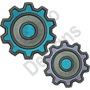 Pode incluir: Duas engrenagens interligadas, uma azul e outra roxa, com um centro cinza e um círculo interno turquesa.