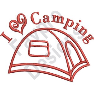 Puede incluir: Diseño bordado en rojo de una tienda de campaña con el texto "Me encanta acampar" y un corazón.