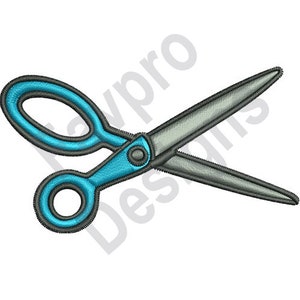 May include: A pair of blue and silver scissors with a black handle.