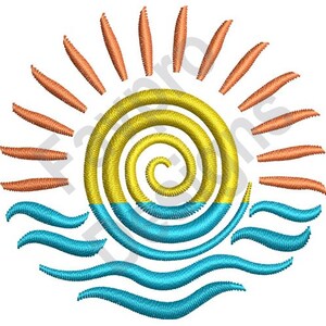 May include: Embroidered design of a yellow and blue spiral sun setting over blue waves. The sun has orange rays.
