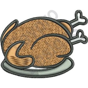 May include: A brown cartoon roasted turkey with a gray platter. The turkey has two white legs.