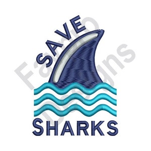 May include: Blue and white embroidered design of a shark fin with waves and the text "SAVE SHARKS".