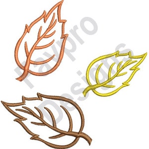 May include: Three stylized leaf outlines in different colors. The top leaf is orange, the bottom left leaf is brown, and the bottom right leaf is yellow.