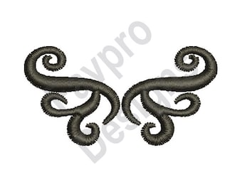 Puede incluir: Un diseño decorativo negro con dos remolinos simétricos. El diseño está formado por múltiples bucles y curvas.