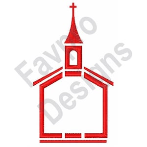 Puede incluir: Un contorno rojo de un edificio de iglesia con un campanario y una cruz en la parte superior.