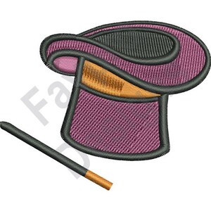 Puede incluir: Un sombrero de copa morado con un borde negro y una banda dorada, y una varita mágica negra y dorada.