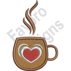 May include: A brown coffee mug with a red heart and white swirls on the front. Steam rises from the top of the mug.