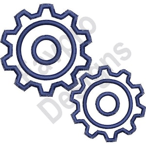May include: Two blue interlocking gears, one larger than the other, against a white background.