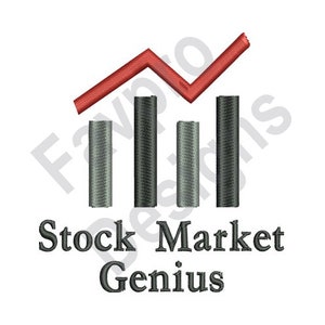 Puede incluir: Un gráfico de barras negro y gris con una flecha roja apuntando hacia arriba. El texto "Stock Market Genius" está debajo del gráfico.